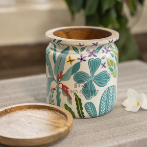 Pot en bois artisanal de qualité supérieure avec décorations en émail |   Conteneur de rangement de cuisine en bois d'acacia - Product Image 2