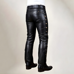Pantalones de cuero moto negros para hombre, de cintura media, pierna recta, con remaches dorados - Product Image 6