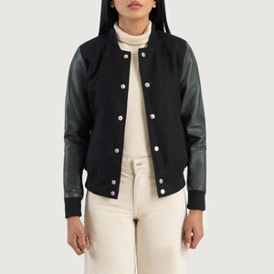 Women's Black Varsity <b>Jacket</b> With Faux <b>Leather</b> Sleeves Button Closure Stand Collar Autumn Wear - Product Image 1