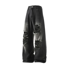 Men's Wide Leg Distressed Ripped Denim <b>Jeans</b> High Waist Loose Fit Stonewashed Cotton Streetwear Style Autumn Wear - Product Image 4