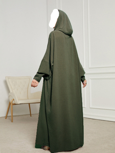 OEM Pure Green Apricot Color Crinkle <b>Elastic</b> Fabric Loose Size <b>Elastic</b> Cuff Tassel Drawstring Hoodies Muslim <b>Dress</b> for Women Eid - Product Image 6