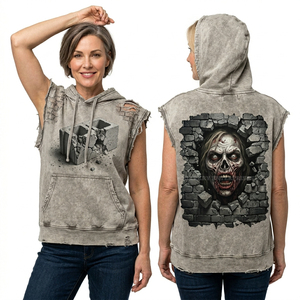 Sudadera con Capucha Verde Oliva con Gráfico de Calavera, Lavado Ácido, Estilo Táctico Desgastado, Estética Urbana, Fabricante de Sudaderas de Forro Polar - Product Image 2