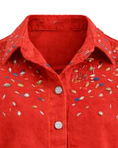 Chaqueta Vaquera Roja Corta Personalizada para Mujer con Adornos de Diamantes de Imitación en el Pecho, Botones y Manga Larga, Estilo Urbano - Product Image 3