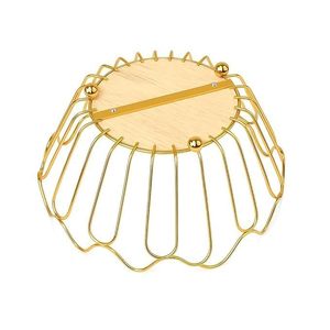 Gold Finish Decorative Wire <b>Basket</b> Tray with Round Center Base Elegant Fruit Serving Bowl Home Decor Accent Metal & Wood <b>Basket</b> - Product Image 6