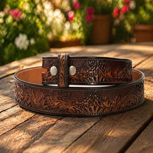 High Finish Antique Brown Full Grain Western Leather <b>Tooling</b> <b>Belt</b> for Men and Women with Snap Button for Buckle Change - Product Image 1