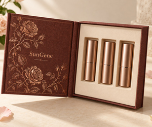 Boîte d'emballage cosmétique personnalisée en bois de rose, style livre, pour trio de rouges à lèvres - Product Image 1