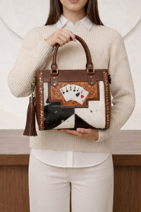 Bolso de mano de cuero de vaca con pelo para mujer, diseño de póker repujado, estilo western, bolso tote, bolso de hombro con diseño de cartas de póker, mini bolso de cuero repujado - Product Image 2