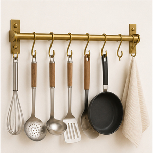 Handmade Solid Brass <b>Kitchen</b> Utensil Rail with S-<b>Hooks</b> Gold Wall Mounted Pot and Pan Hanging Rack Storage Bar for Cookware - Product Image 2