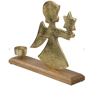 Porte-bougie en aluminium en forme d'ange avec étoile, pour bougie chauffe-plat de Noël, avec base en bois de manguier, hauteur 12 pouces - Product Image 3