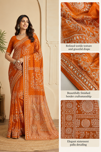 Sari en soie Bandhani orange avec bordure ornée de miroirs, élégant vêtement indien pour mariage, sari de créateur pour femmes, vente en gros - Product Image 6
