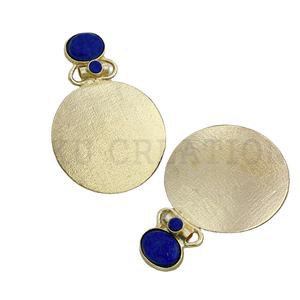 Designer Big <b>Stud</b> Earring with Lapis Gemstone Gold Plated Brass Jewelry Bezel Setting Inlay - Product Image 2