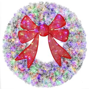 Guirlande de Noël pré-éclairée de 60 pouces avec nœud rouge 3D, 11 modes d'éclairage, télécommande, guirlande de porte d'entrée floquée - Product Image 1
