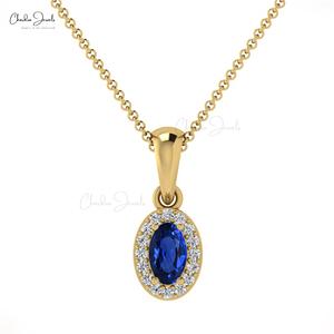 Colgante de Oro Sólido de 14k con Zafiro Azul Ovalado Natural de 5x3mm y Halo de Diamantes, Hecho a Mano por Fabricantes Asiáticos, Proveedores de Joyería Fina - Product Image 1