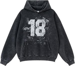 เสื้อฮู้ดดี้เทรนดี้สไตล์สตรีทแวร์ ผ้าคอตตอนออร์แกนิคพรีเมียมเนื้อหนา พิมพ์ลายกราฟิกแบบวินเทจฟอกสีสไตล์แอซิดวอช ดีไซน์ขาดๆ แบบดิสเทรส - Product Image 1