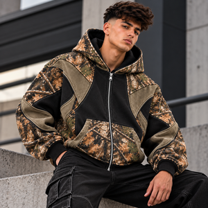 Veste à capuche personnalisée pour homme, camouflage Woodland, fermeture éclair intégrale, panneaux contrastants noirs, ourlet côtelé, streetwear outdoor B2B USA - Product Image 5