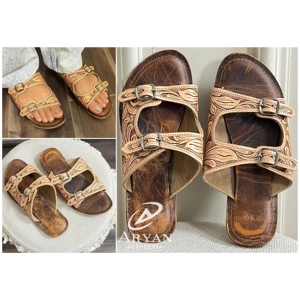 Sandalias de Punta Abierta para Mujer, Chanclas Planas de Cuero Auténtico, Estilo Occidental, Estilo Informal, Hecho a Mano - Product Image 1