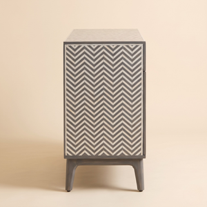 Mueble de almacenamiento tradicional hecho a mano con incrustaciones de hueso gris, 2 cajones y diseño de chevron – Muebles de almacenamiento al por mayor de la India - Product Image 4