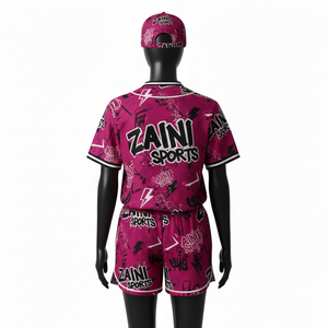 Ensemble short de baseball pour femmes, léger, en polyester mesh 150 GSM, respirant, imprimé par sublimation rose, logo personnalisé, ensembles pour femmes - Product Image 2