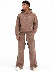 Custom Acid Wash Rhinestone Tracksuit <b>Set</b> Pullover Hoodie Wide Leg Pants Streetwear Style Sparkle Embellished 100% Cotton OEM - Product Image 1