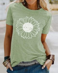 Camiseta de algodón de manga corta, estilo retro, moderna, elegante y ajustada para mujer, con estampado de girasoles, tejido ligero, informal, para verano. - Product Image 1