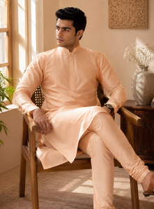 Conjunto de Kurta y Pijama de Seda Suave Color Durazno para Hombre, Estilo Étnico Coral, Tradicional, Festivo, Indio, Traje de Diseñador - Product Image 3