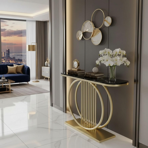 โต๊ะคอนโซลโลหะทรงกลมสีทองหรูหราพร้อมท็อปหินอ่อนสีขาว - Product Image 2