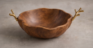 Heavy Duty Walnut Finished Mango Wood Serving Bowl Wavy Centerpiece with Sculpted <b>Twig</b> Handles - Product Image 4
