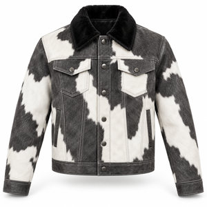 Chaqueta vaquera de cuero con pelo de vaca gris grafito y blanco para hombre, con puño recto, estilo cowboy/ranchero, fabricante mayorista OEM, invierno - Product Image 1