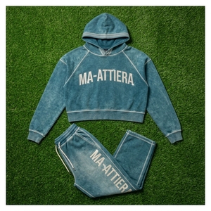 Conjunto de Sudadera Corta con Capucha y Pantalones Jogger de Pierna Ancha para Mujer, Color Verde Azulado Lavado, de Algodón y Felpa, Estilo Urbano, Venta al por Mayor OEM - Product Image 5