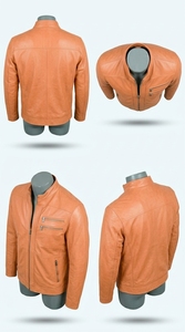 Chaqueta de Motociclista de Cuero Vacuno Naranja para Hombre, Cuello Alto, Cierre de Cremallera, Manga Regular, Estilo Biker Otoñal, Color Sólido, Alta Calidad - Product Image 4
