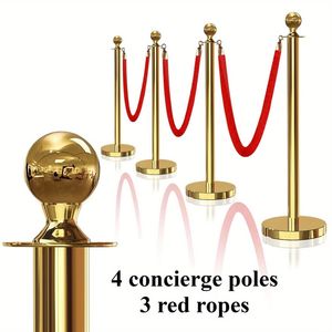 Poteau de délimitation en acier inoxydable de 5 pieds avec corde en velours rouge et poteaux pour corde rouge, avec base à injection de sable, pour barrières de contrôle de foule lors de fêtes - Product Image 1