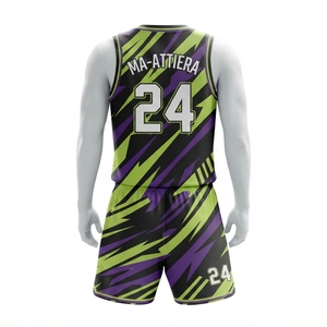 Ma-Attiera Ensemble de maillot et short de basketball pour hommes, personnalisé, motif éclair noir, violet et vert, taille 24 - Product Image 3