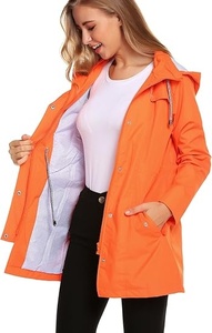 Women's Orange Hooded Windbreaker <b>Jacket</b> Full Sleeve Drawstring Closure Waterproof Casual <b>Long</b> Length Outerwear - Product Image 4