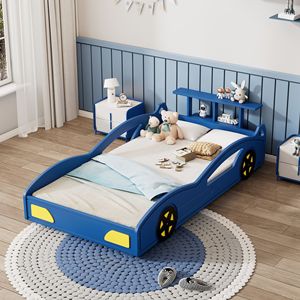 Letto a piattaforma per bambini a forma di auto da corsa blu e giallo in legno, con ruote, per ragazzi - Product Image 4
