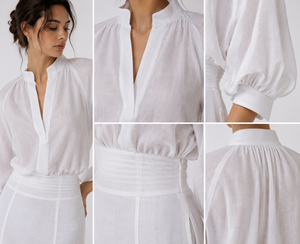 <b>White</b> Linen Bohemian <b>Maxi</b> Dress High Waist Mandarin Collar Long Sleeve Regular Fit Sheath Summer Casual Solid Color Breathable - Product Image 5