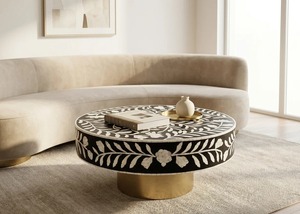 Table basse ronde en os incrusté pour salon, décoration nordique, artisanat unique, design moderne et écologique - Product Image 6
