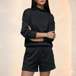 Conjunto de pantalones cortos hasta la rodilla con cuello simulado para mujer, conjunto de invierno, ropa informal, suave, cálida, cómoda, elegante, para uso diario - Product Image 1