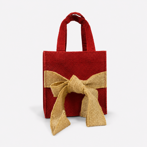 Red Dyed Laminated Jute Gift Bags with Lurex <b>Bow</b> 15x15x10 cm Small Festive Tote Custom Logo Wholesale Bulk OEM ODM Private Label - Product Image 4