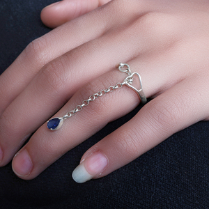 Handmade Silver <b>Ring</b> W/ Chain & Sapphire Unique & Elegant Design 925 Sterling Silver Jewellery for Women and Girls Wear - Product Image 1