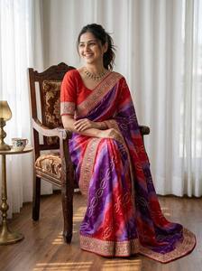 Traditional Indian Silk <b>Saree</b> Women <b>Red</b> Purple Gradient Embroidered Border Floor-Length Recycled Materials for Wedding Occasion - Product Image 5