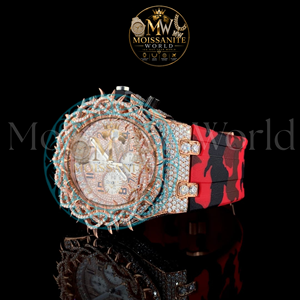 Reloj de Lujo para Hombre, Diseño Antiguo con Corona de Espinas, Cuarzo, Moissanita, Bisel de Diamantes en Oro Rosa, Correa de Goma Roja, 46mm, Estilo Hip Hop - Product Image 4