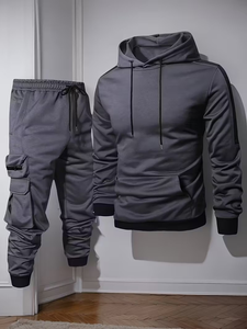 Men's Casual Sports Suit Tracksuit Solid Multi-Pocket Breathable <b>Knitted</b> Polyester Cotton Hip Hop Sports Suit Two-piece <b>Set</b> Men - Product Image 2
