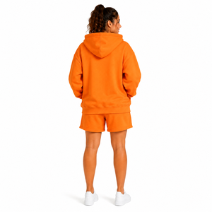 Women's White Hooded Sweatshirt Shorts <b>Set</b> Cotton Fleece Anti-Shrink 240g Casual Loose Fit Drawstring Pocket Spring Summer Wear - Product Image 4