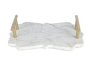<b>Marble</b> Modern Shaped Serving <b>Tray</b> with Scalloped Edge Vintage Brass Tone Handles Elegant Decorative Vanity <b>Tray</b> for Coffee - Product Image 1