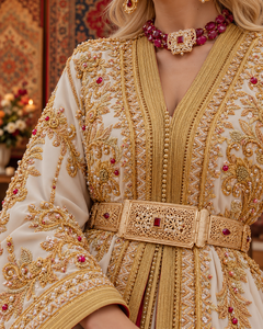 Caftán Marroquí Rojo Marfil Mishkat Couture con Bordado a Mano Dorado Intrincado, Vestido Maxi de Terciopelo Plumado Transpirable para Mujeres Musulmanas, Vestido de Novia - Product Image 4