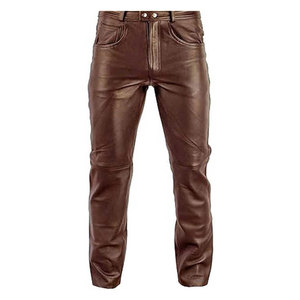 Pantalon en cuir marron pour homme, sur mesure, taille haute, coupe droite, fermeture boutonnée, style motard - Product Image 1