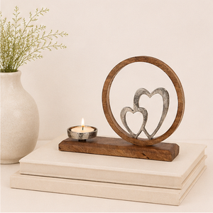 Handmade Rustic Mango Wood Candle Holder With Decorative Metal Double Hearts Elegant Silver & Brown Tealight <b>Stand</b> For Home - Product Image 2