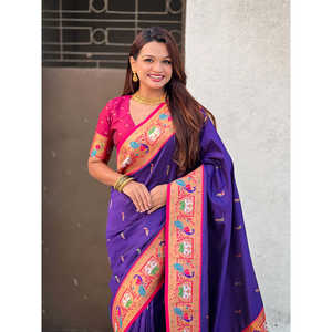 ผ้าไหมสีม่วงอ่อน ลายหงส์ ราจฮันส์ ปายธานี ผ้าส่าหรี เสื้อผ้าอินเดียและปากีสถาน - Product Image 5