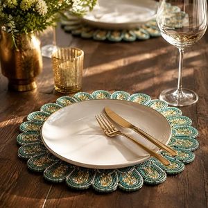 Handmade Bohemian <b>Round</b> Beaded <b>Table</b> Mat Teal Gold Fabric Decor 450mm - Product Image 4
