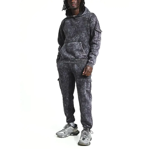 Conjunto Deportivo de Sudadera con Capucha de Algodón Lavado para Hombre, Color Sólido, Corte Holgado, Casual, Largo, con Bolsillos Laterales, para Otoño - Product Image 1